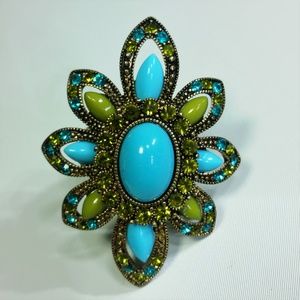 Teal Statement Cocktail Ring Stretch Band Flower